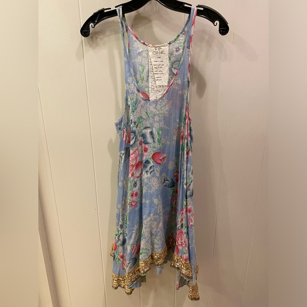 Free People Floral Blue Dress with Gold Trim